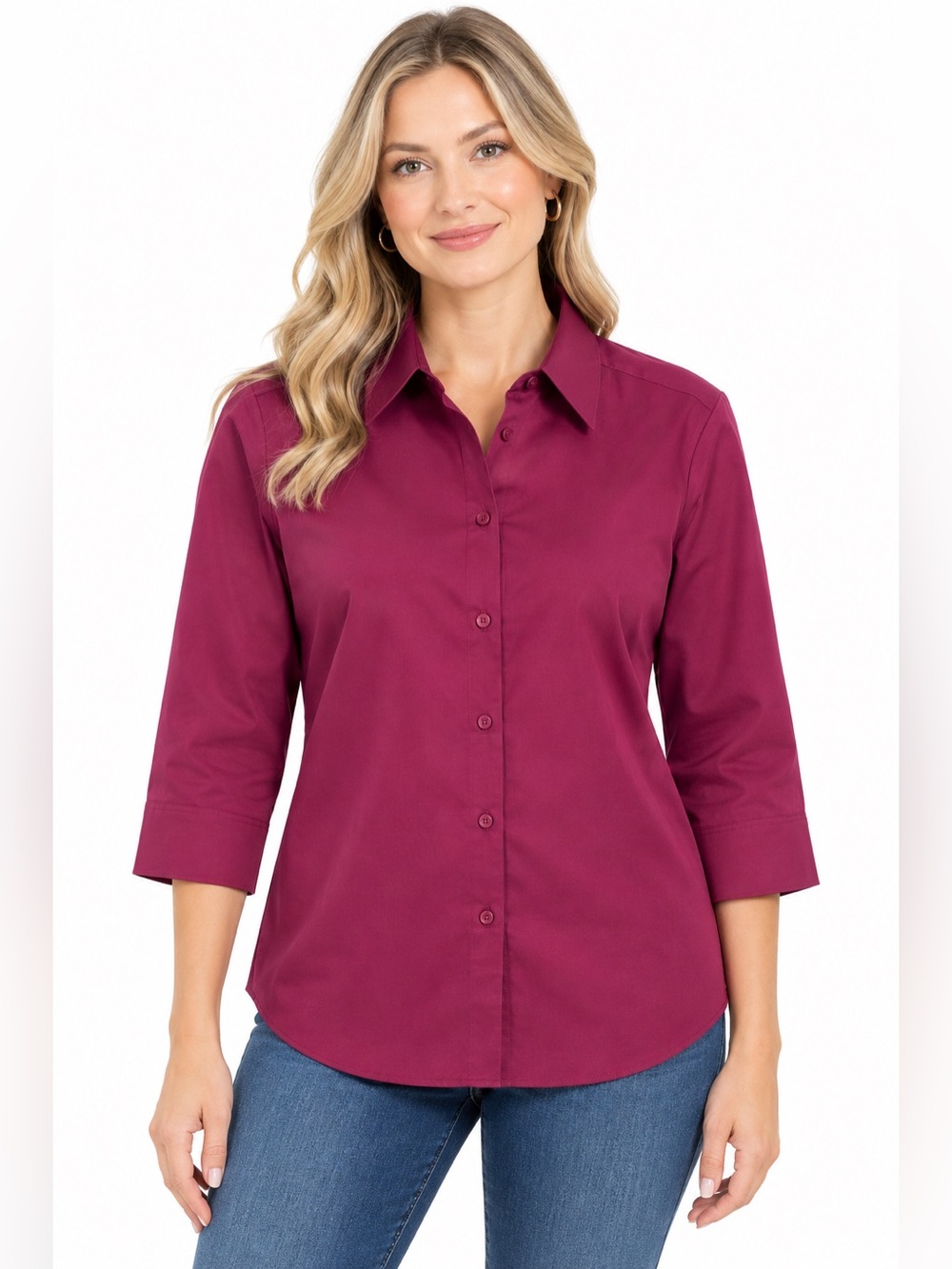 Foxcroft Wrinkle Free Shaped 3/4 Sleeve Button-Down Shirt Career Stretch Sz 8